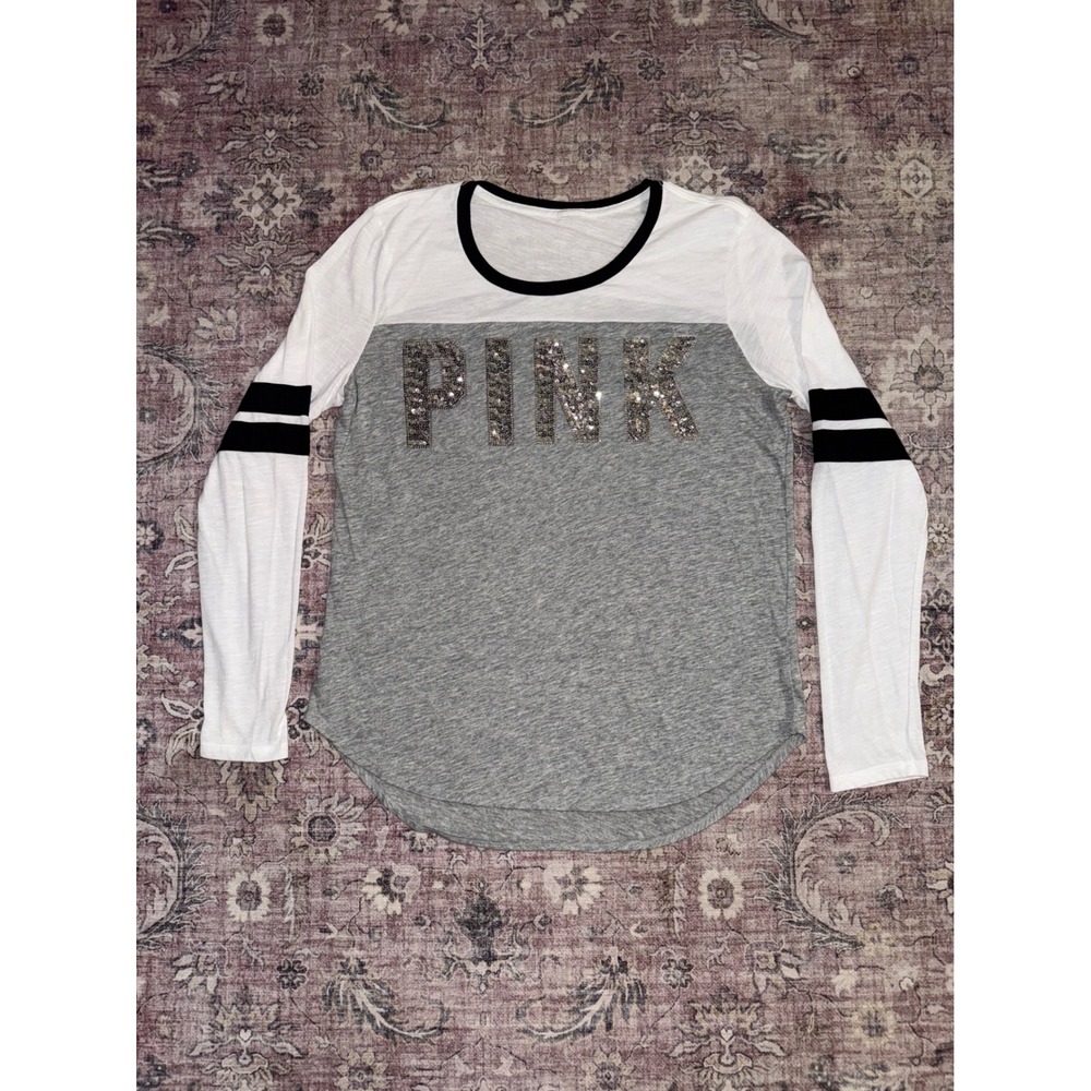 Victoria's Secret PINK Sequin Logo Varsity Long Sleeve Bling Tee Medium